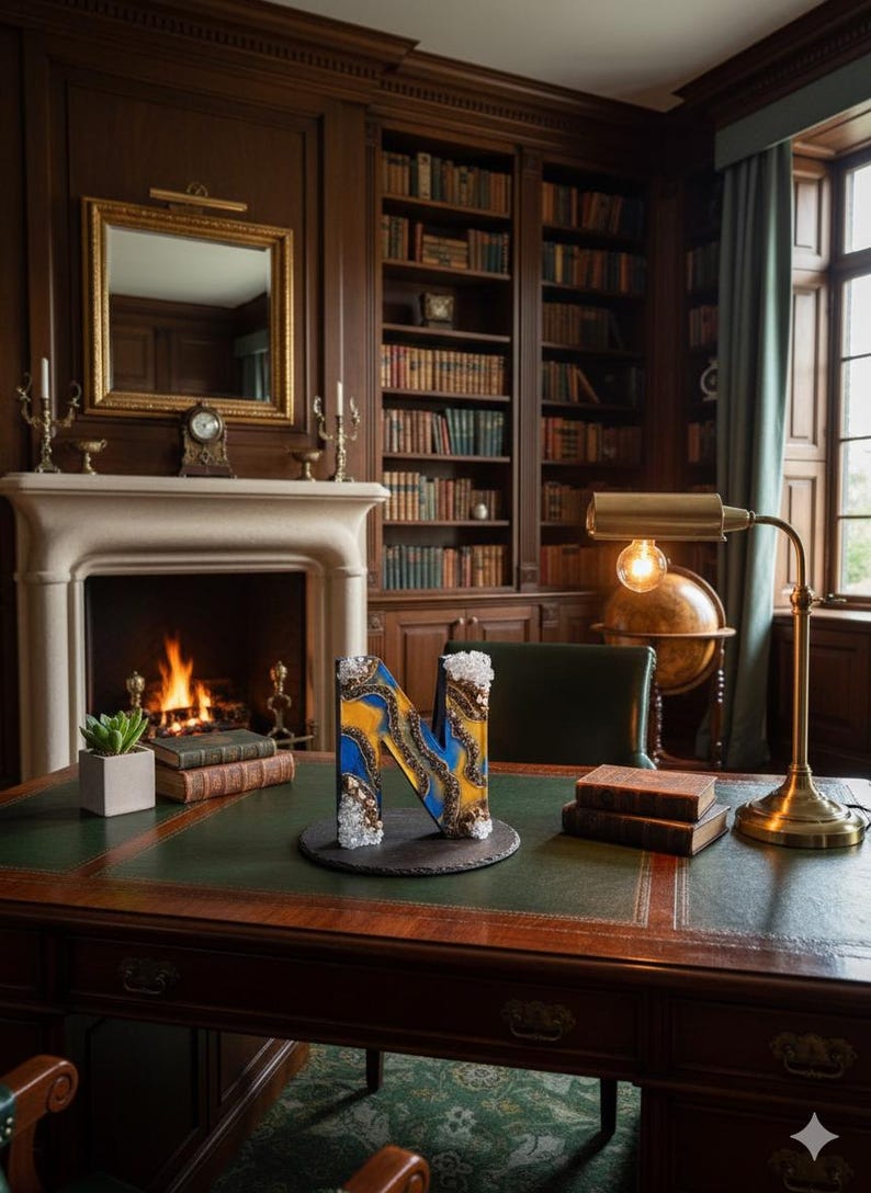 Puede incluir: Una letra decorativa "N" hecha de resina, con remolinos azules y amarillos, e incrustada con cristales. La letra est&aacute; sobre un posavasos de pizarra negra en un escritorio de cuero verde en un entorno de biblioteca. Una chimenea y estanter&iacute;as est&aacute;n en el fondo.