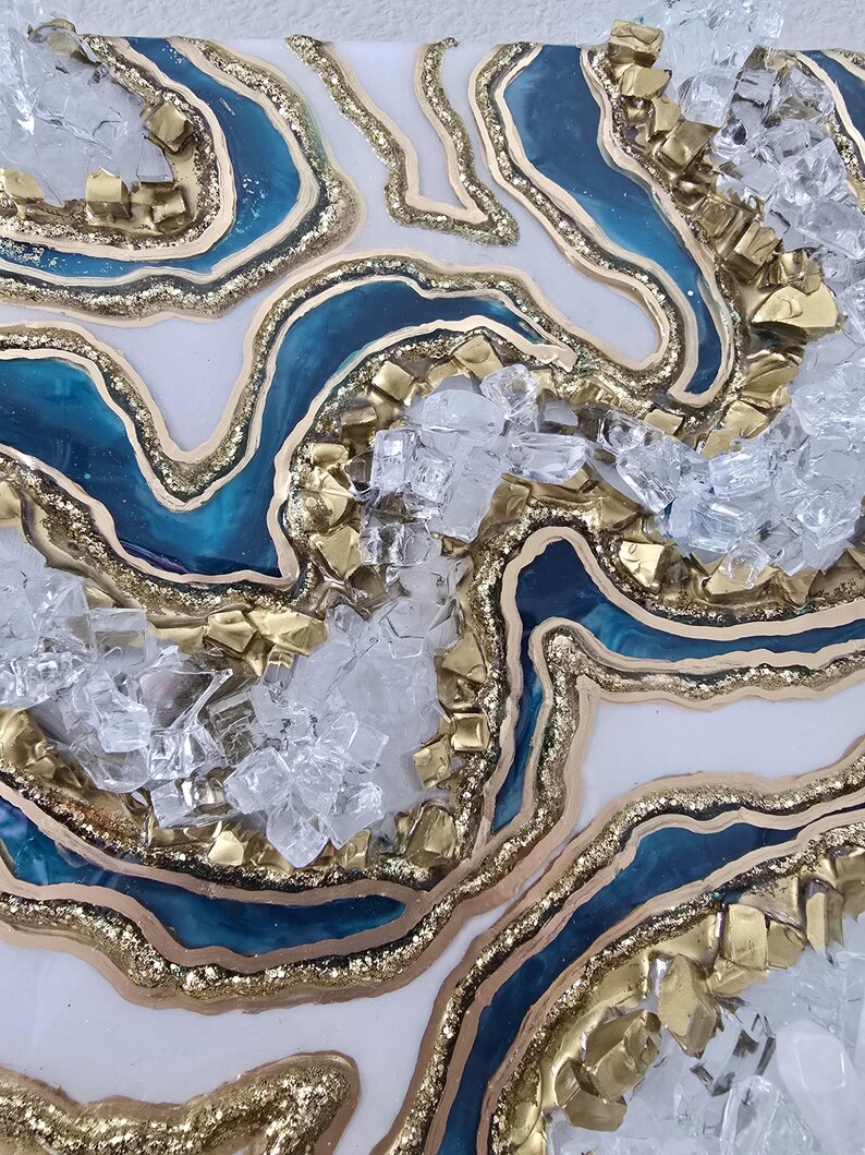 Blauwgroen en gouden geode muurkunst, klein cadeau, luxe 3D-harsschilderij, statement kristalkunstwerk, gratis cadeau bij elke aankoop! Alle maten afbeelding 10