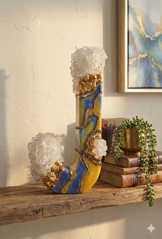 Resin Geode Wall Art in gold and silver with fire glass and crystal by Luxe Signature Art