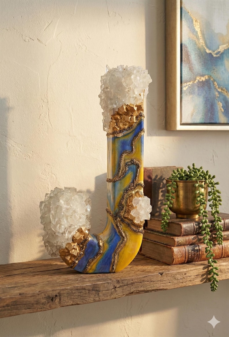 Letra de resina de madera, color azul real, cobre y dorado, inicial de geoda audaz e independiente, pieza destacada para estantería, decoración cálida y masculina para habitación infantil. imagen 1