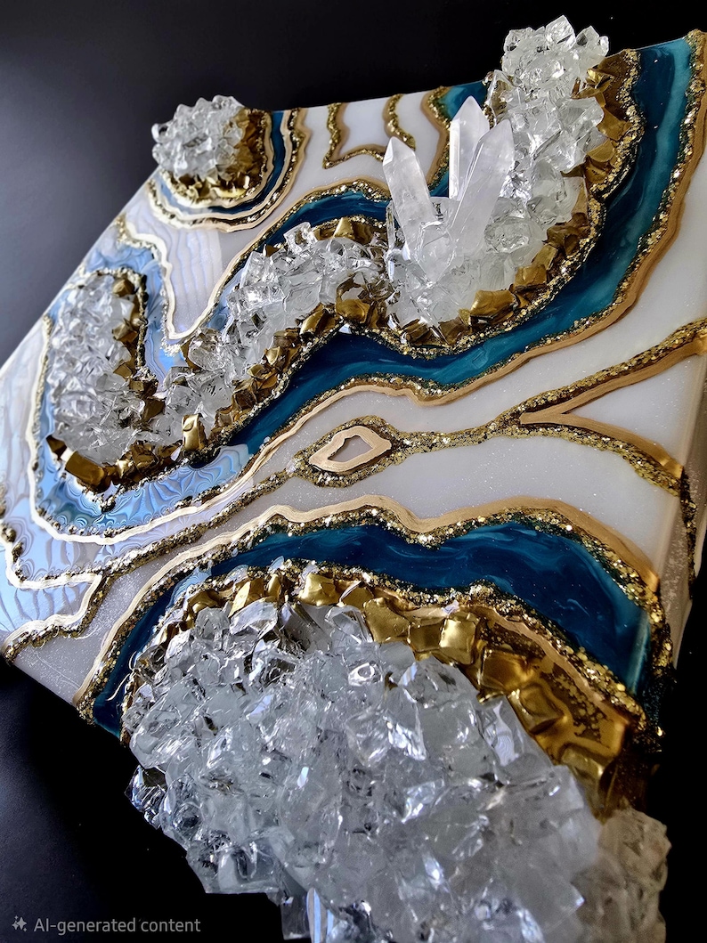 Blauwgroen en gouden geode muurkunst, klein cadeau, luxe 3D-harsschilderij, statement kristalkunstwerk, gratis cadeau bij elke aankoop! Alle maten afbeelding 20