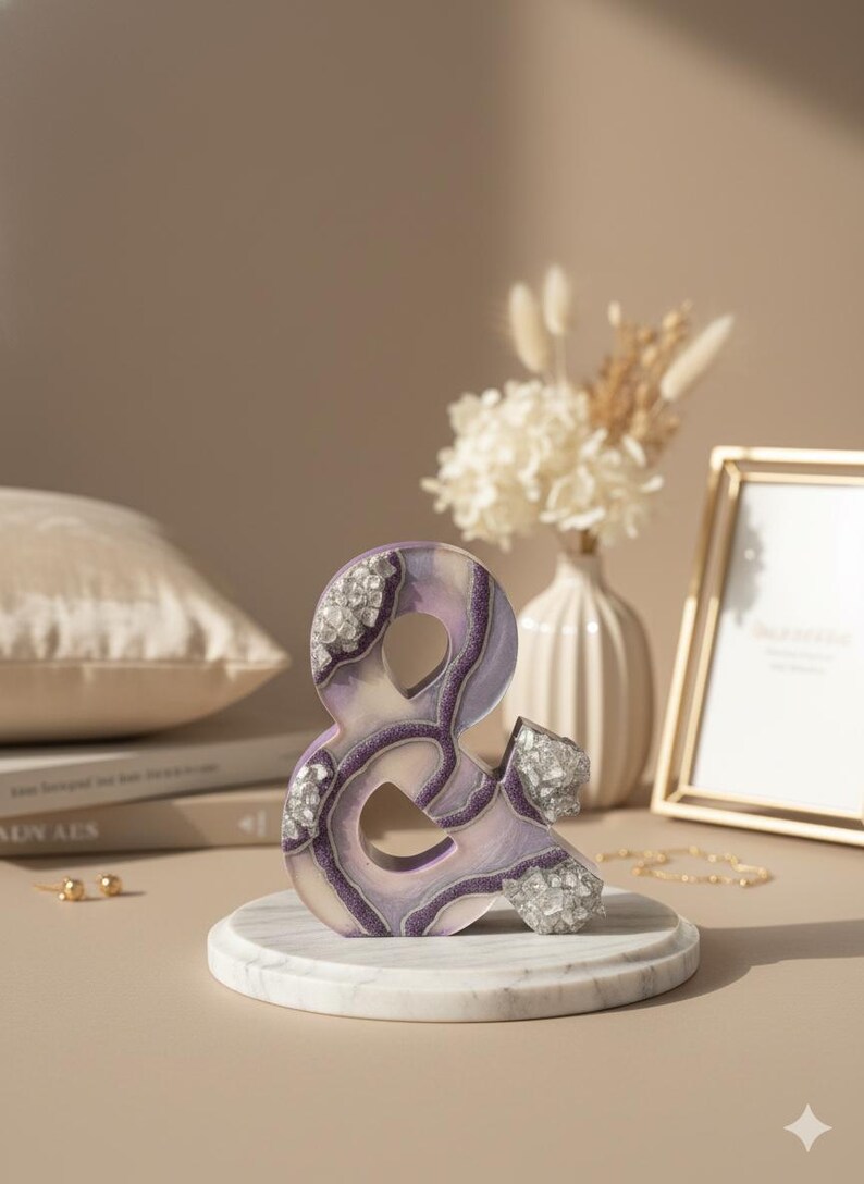 Lavender Geode Ampersand Sign, Thick Freestanding Wood Epoxy Resin Letter, Silver Crystal Art, Purple Agate Decor, Mystical Desk Accent image 10
