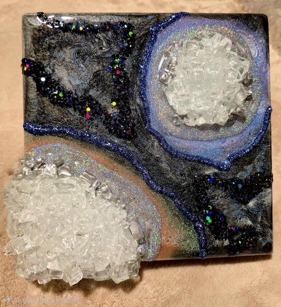 Resin Geode Wall Art in silver and purple with fire glass and crystal by Luxe Signature Art