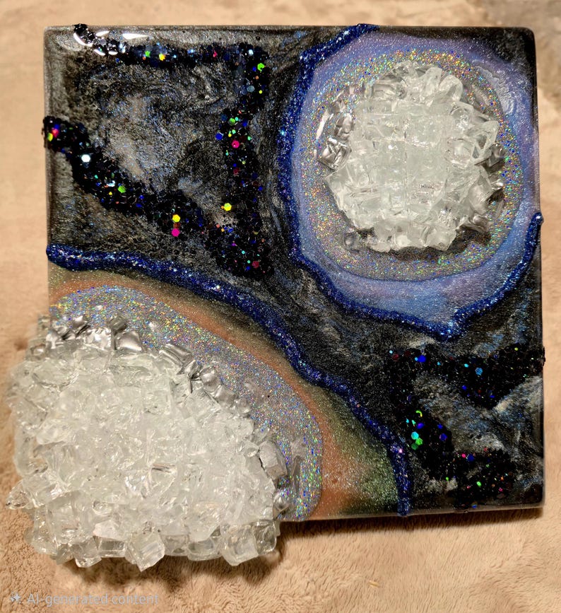 May include: Square resin art piece with a galaxy theme. The artwork features a dark background with swirls of black, silver, and blue. Clear, crystalline formations and iridescent glitter add texture and sparkle. The piece has a geode-like appearance.