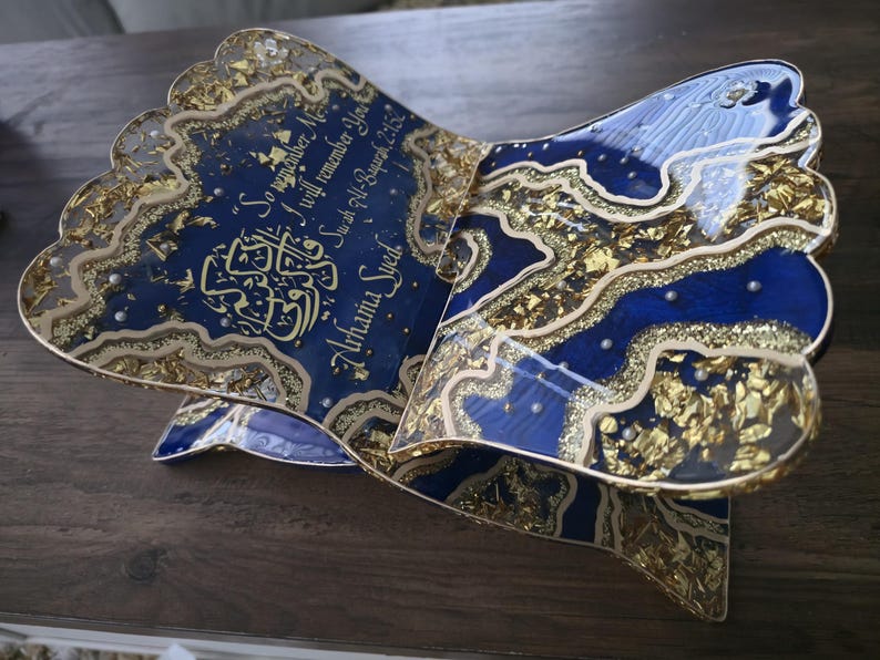Resin Cookbook Stand in gold and blue with crystal and glitter by Luxe Signature Art
