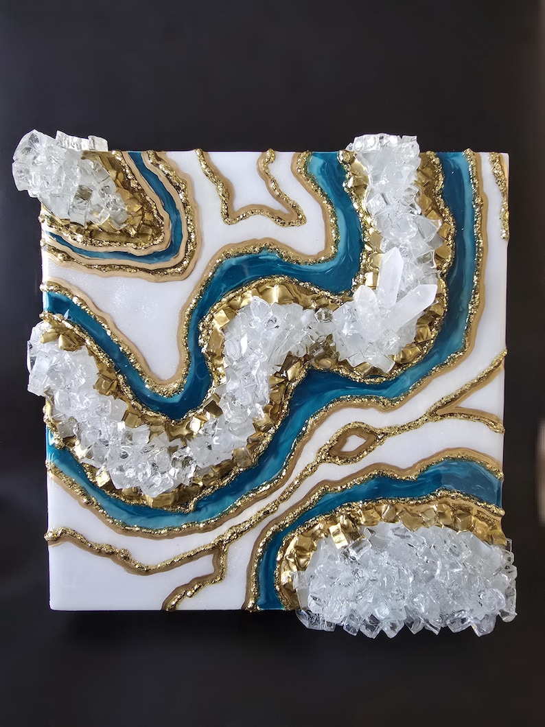Blauwgroen en gouden geode muurkunst, klein cadeau, luxe 3D-harsschilderij, statement kristalkunstwerk, gratis cadeau bij elke aankoop! Alle maten afbeelding 2