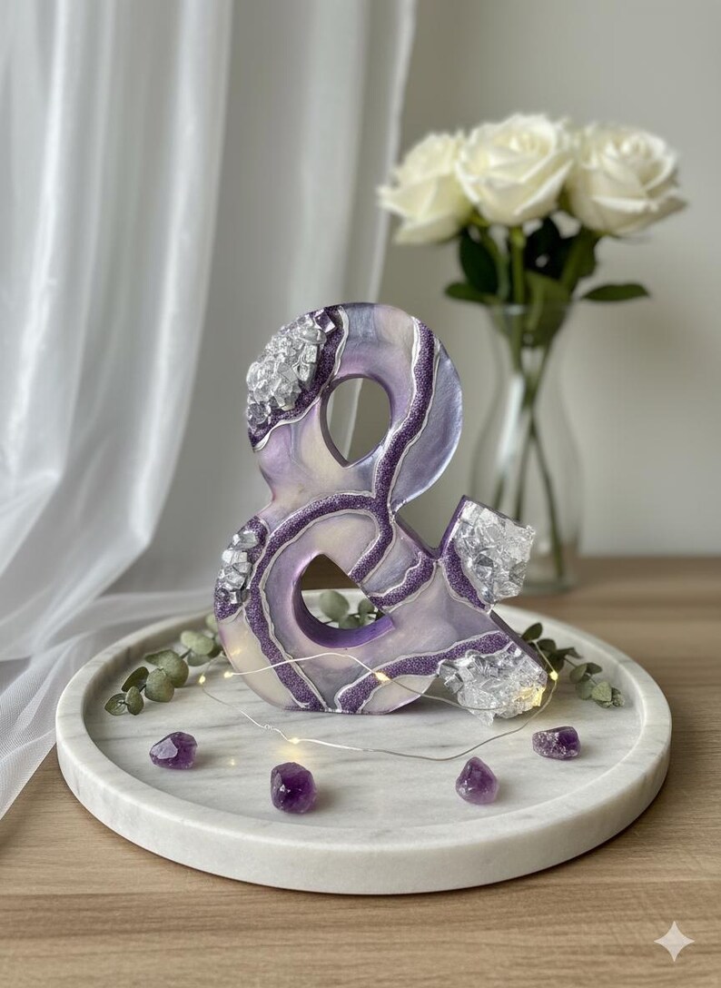 Lavender Geode Ampersand Sign, Thick Freestanding Wood Epoxy Resin Letter, Silver Crystal Art, Purple Agate Decor, Mystical Desk Accent image 8