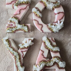 3D Rose Quartz Geode Wooden Letter, Freestanding Initial Decor, Gold Pink Crystal Art image 2