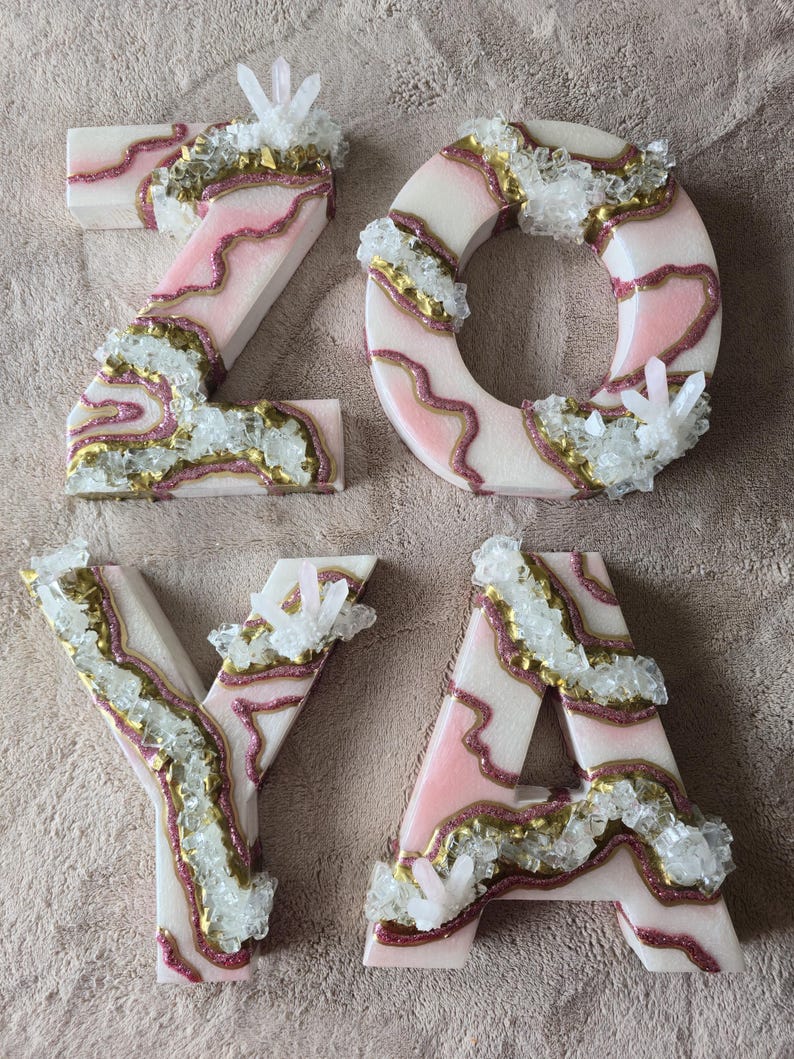 3D Rose Quartz Geode Wooden Letter, Freestanding Initial Decor, Gold Pink Crystal Art image 2