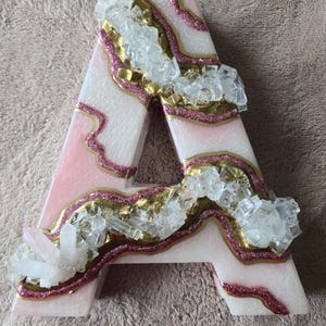 3D Rose Quartz Geode Wooden Letter, Freestanding Initial Decor, Gold Pink Crystal Art image 13