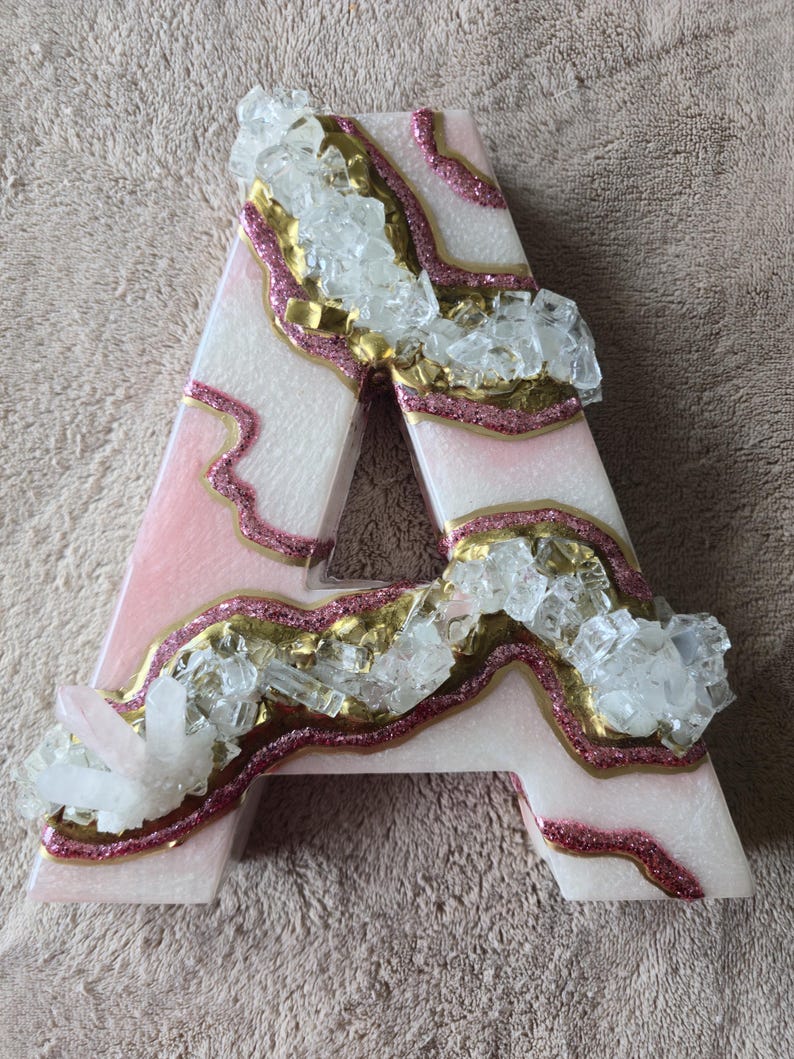 3D Rose Quartz Geode Wooden Letter, Freestanding Initial Decor, Gold Pink Crystal Art image 13