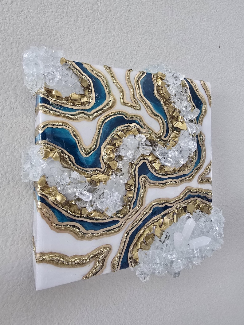 Blauwgroen en gouden geode muurkunst, klein cadeau, luxe 3D-harsschilderij, statement kristalkunstwerk, gratis cadeau bij elke aankoop! Alle maten afbeelding 17