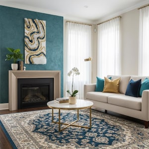 Op de afbeelding: Een woonkamer met een turquoise accentmuur, een open haard en een beige bank versierd met turquoise, marineblauwe en gouden kussens. Een ronde salontafel staat op een blauw en beige tapijt met patroon. Abstracte kunst hangt boven de open haard.