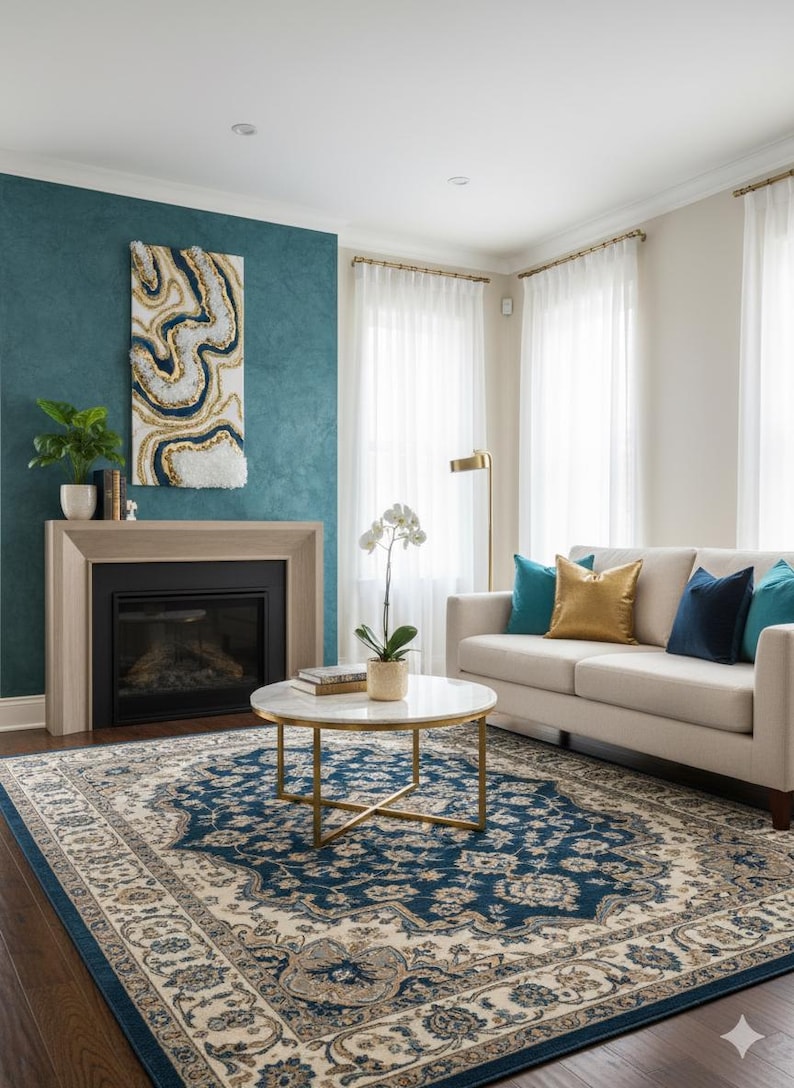 Op de afbeelding: Een woonkamer met een turquoise accentmuur, een open haard en een beige bank versierd met turquoise, marineblauwe en gouden kussens. Een ronde salontafel staat op een blauw en beige tapijt met patroon. Abstracte kunst hangt boven de open haard.