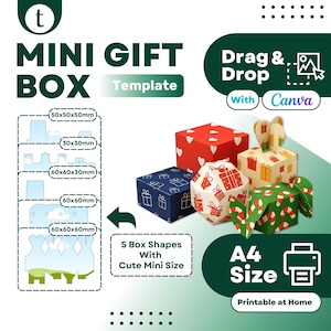 Może przedstawiać: Mini szablon pudełka na prezent z pięcioma kształtami. Pudełka są ozdobione sercami, prezentami i laskami cukrowymi. Szablon jest w formacie A4 i do wydrukowania w domu. Wymiary to 50x50x50mm, 30x30mm, 60x60x30mm, 60x60mm i 60x60x60mm.