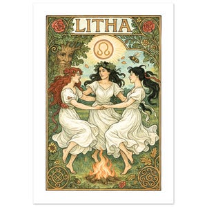 Lámina de arte mural Litha, Solsticio de verano, Estilo bohemio, Sabbat Art Nouveau vintage, Póster de papel mate premium de altar pagano (Imperial)