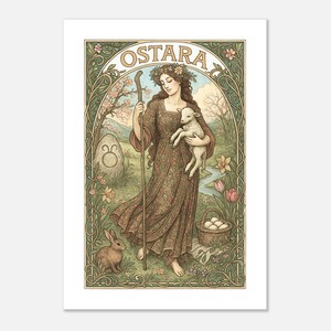 Ostara Kunstdruck Frühlings-Tagundnachtgleiche Witchy Boho-Wanddeko, Vintage Jugendstil Sabbat Poster, Pagan, Premium Matte Papier (Imperial)
