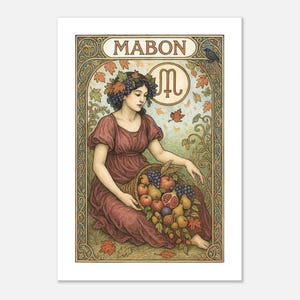 Impressão artística Mabon, equinócio de outono, decoração de parede estilo boho com bruxaria, pôster vintage Art Nouveau Sabbat, presente de colheita pagã, papel fosco premium (imperial)