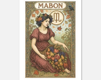 May include: An art print depicting a woman in a burgundy dress, seated and holding a basket of fruit. The word "MABON" is at the top, with an ornate border and autumn leaves. A raven is perched in the upper right corner.