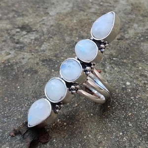 Sterling Silver Vertical Moonstone Ring, Boho Stacking Ring,  Multi Moonstone Statement Ring, Long Vertical Statement Ring, Gift for her