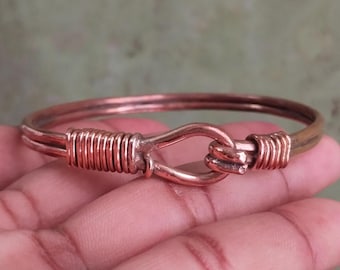 Handmade Pure Copper Hook Bracelet, Artisanal Wire-Wrapped Bangle