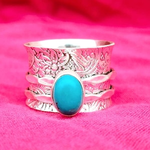 Turquoise Bloom Spinner Ring, Handcrafted Silver 925 Statement Ring with Blue Turquoise Stone Ring, Silver Wide Band with Blue Gemstone Ring