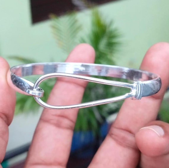 Handmade Sterling Silver Hook Bangle, Wire Wrap Clasp, Minimalist