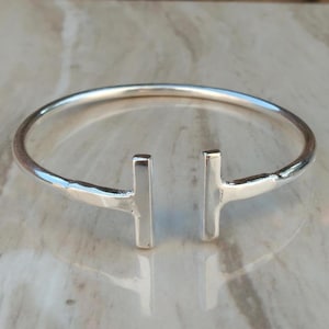 Handcrafted 925 Sterling Silver Open Cuff Bracelet, Modern T Bar Design, Adjustable Indian Bangle,