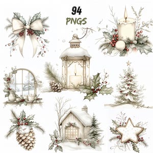 Clipart Navidad Acuarela Decoración Festiva PNG Bundle Botánico Invierno Descarga Digital