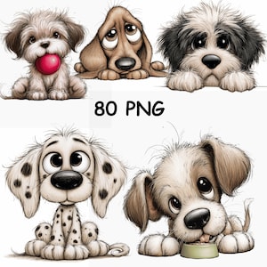 Op de afbeelding: Een verzameling van vijf cartoonhond-illustraties met grote ogen, waaronder een puppy met een rode bal, een bruine hond, een pluizige zwart-witte hond, een gevlekte dalmatiër en een etende puppy, met de tekst 80 PNG.
