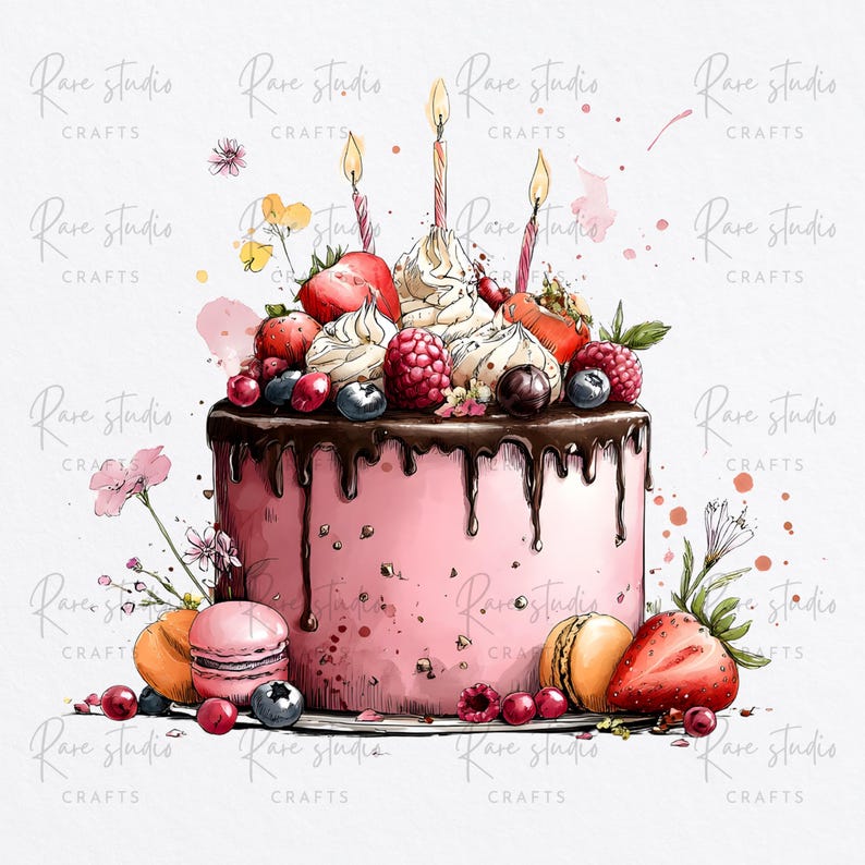 Watercolor Birthday Cake Clipart PNG Bundle Floral Cherry Dessert ...