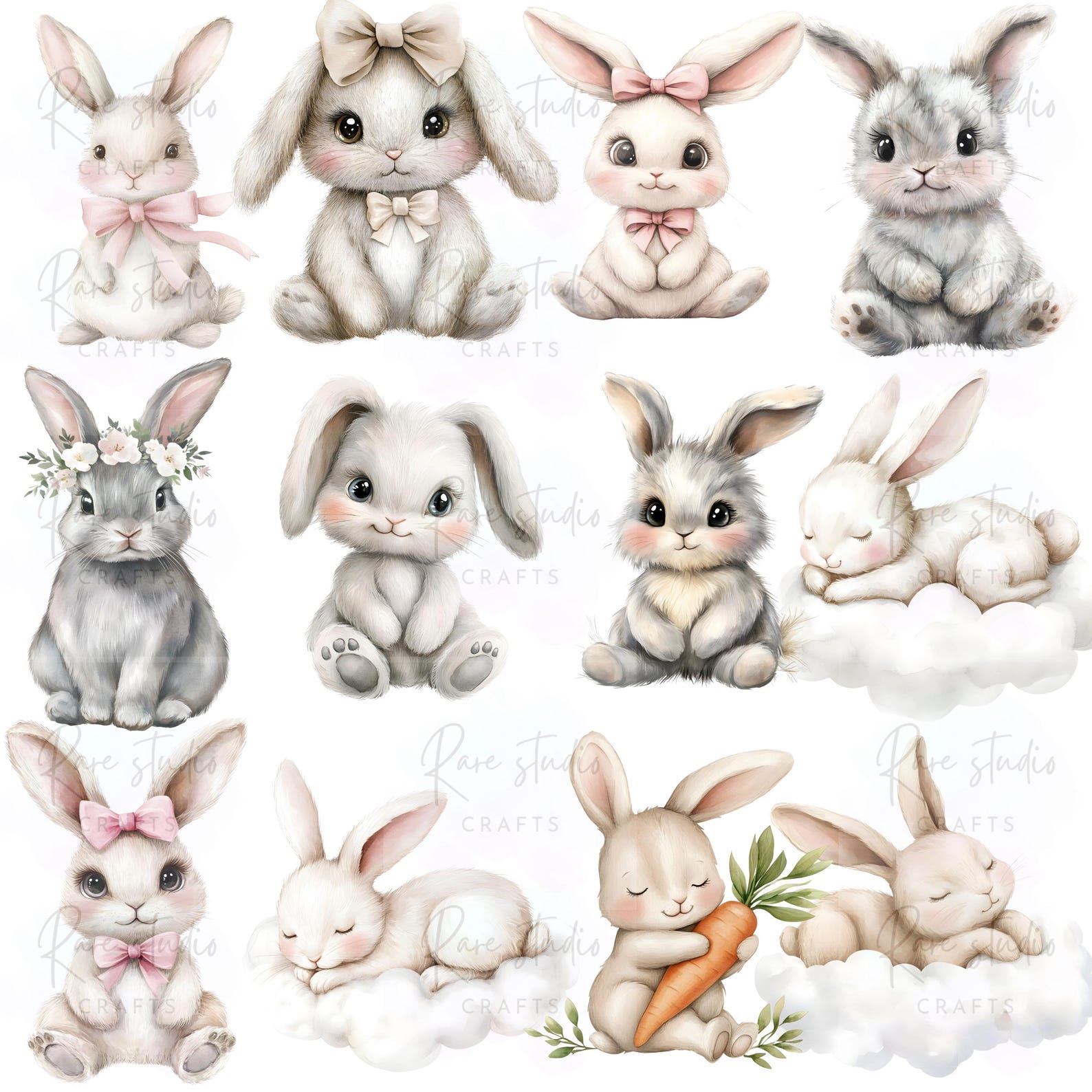 Watercolor Baby Bunny Clipart Bundle PNG, Rabbit Nursery Art ...
