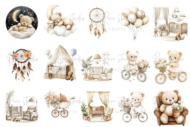 Watercolor Teddy Bear Clipart Bundle: Beige Nursery Art (PNG Digital ...