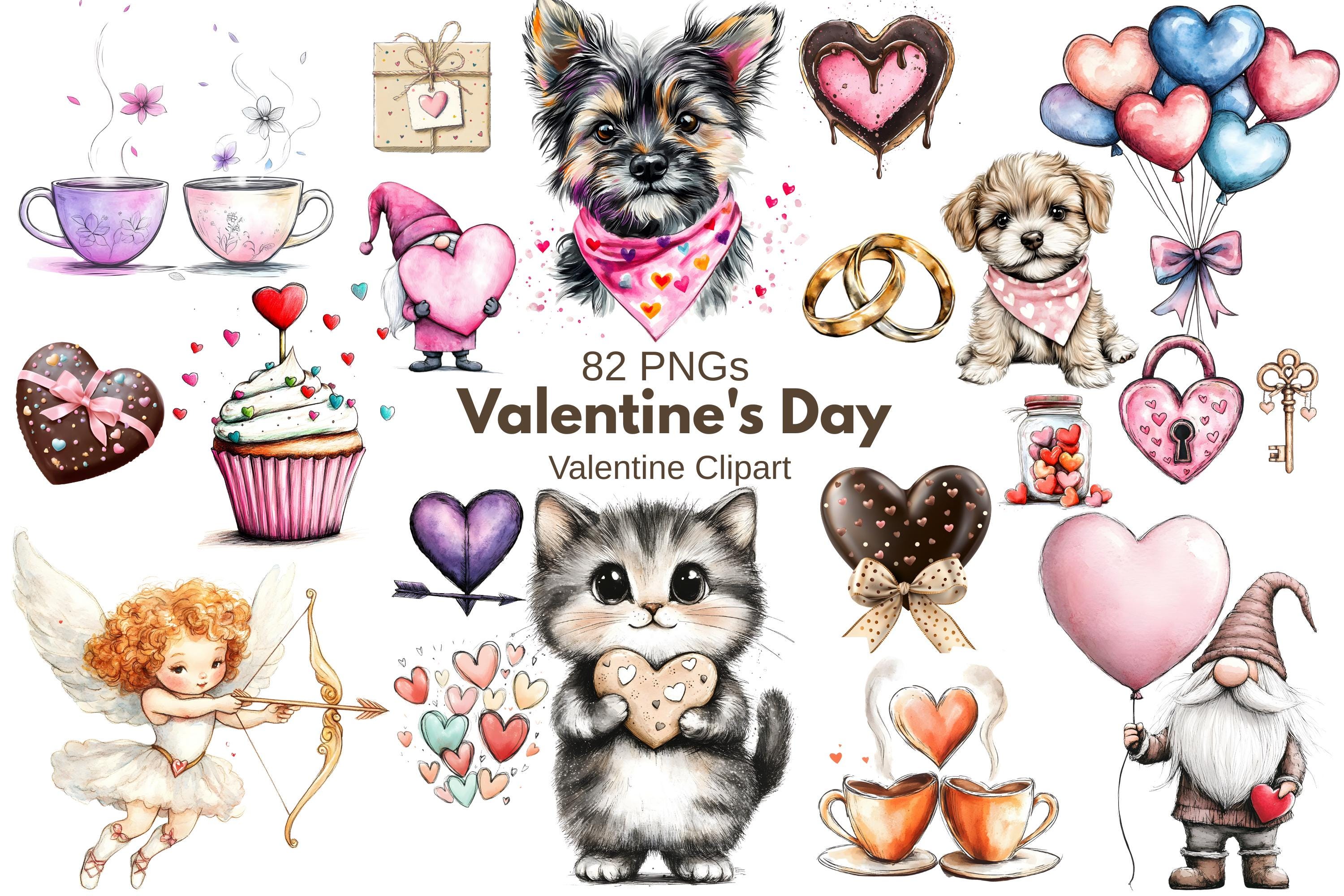 Watercolor Valentine Clipart Bundle PNG Pets Hearts Cupids Balloons ...