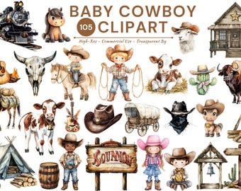 May include: Watercolor clipart set featuring a baby cowboy theme. Includes illustrations of a train, cowboy hats, a horse, a wagon, a cow, a cactus, a buffalo, a guitar, a tent, and a sign that says "SOUNNON".