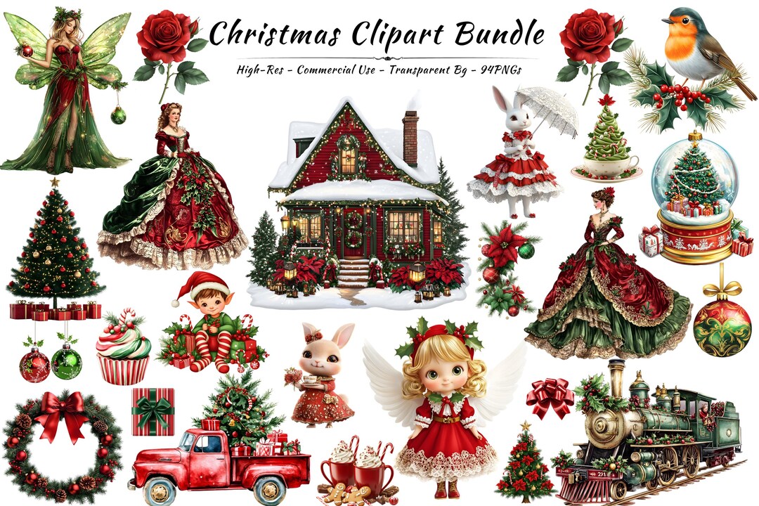 Vintage Christmas Clipart Bundle, Retro Holiday PNG Set (digital ...