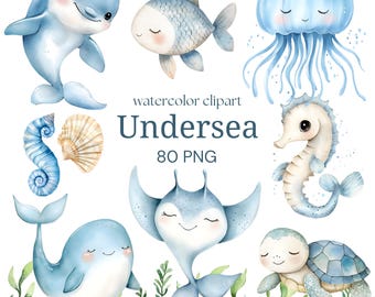 Under the Sea Watercolor Clipart Bundle Ocean Animals PNG Blue Pastel Nursery Art Digital Download