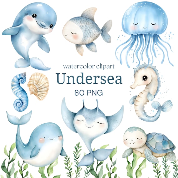 Under the Sea Watercolor Clipart Bundle Ocean Animals PNG Blue Pastel Nursery Art Digital Download
