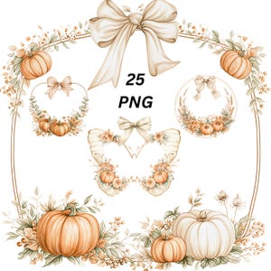 Puede incluir: Una colección digital de 25 archivos PNG con ilustraciones estilo acuarela de calabazas naranjas y blancas, lazos beige, coronas florales y arreglos en forma de mariposa con follaje otoñal y bayas sobre un fondo blanco.