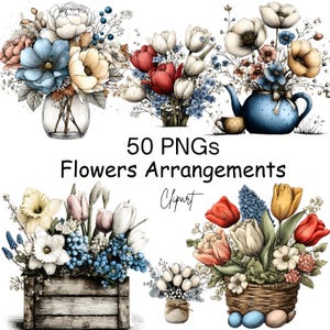 Puede incluir: Arreglos florales en acuarela en varios recipientes, incluyendo un jarrón de cristal, una tetera, una caja de madera y una cesta. La imagen presenta una variedad de flores en tonos azules, rojos, amarillos y blancos. Texto: "50 PNGs Flowers Arrangements Clipart."