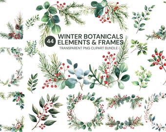 Winter Botanical Clipart PNG, Christmas Frames, Watercolor Greenery Wreaths Floral Borders Digital Download
