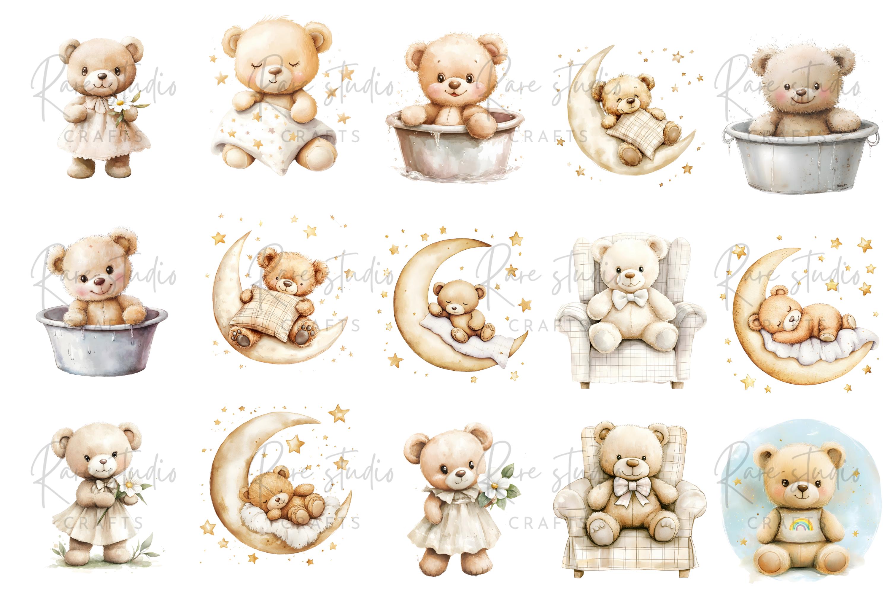 Watercolor Teddy Bear Clipart Bundle: Beige Nursery Art (PNG Digital ...