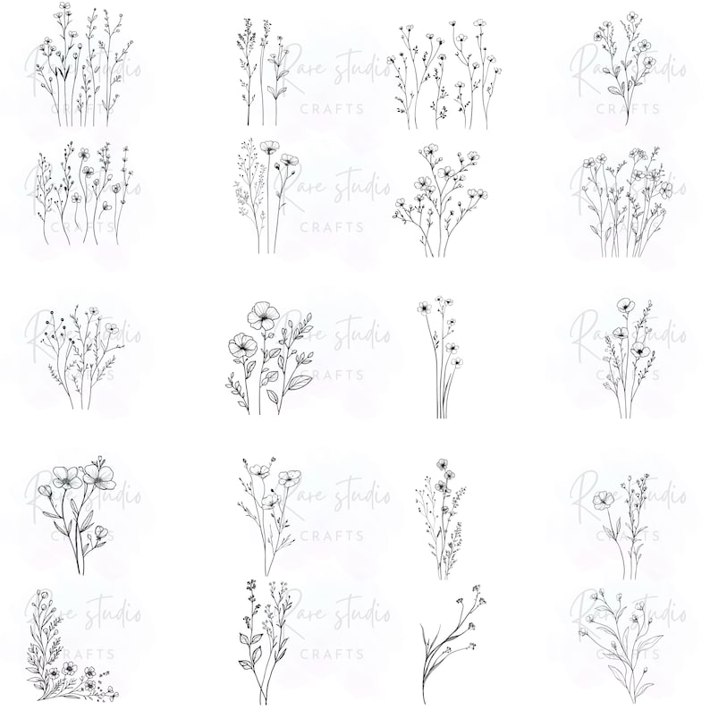 Minimal Botanical Line Art PNG Bundle | Wildflower Floral Clipart ...