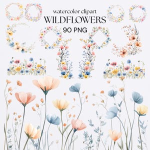 May include: Watercolor clipart featuring various floral arrangements and individual flowers. The designs include wreaths, diamond-shaped frames, and floral borders. The color palette includes soft hues of pink, yellow, and blue, with the text "watercolor clipart WILDFLOWERS 90 PNG".