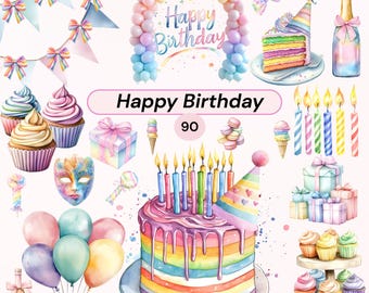 Pastel Watercolor Birthday Clipart Rainbow Cake Balloons Gifts PNG Commercial Use Party Decor Digital