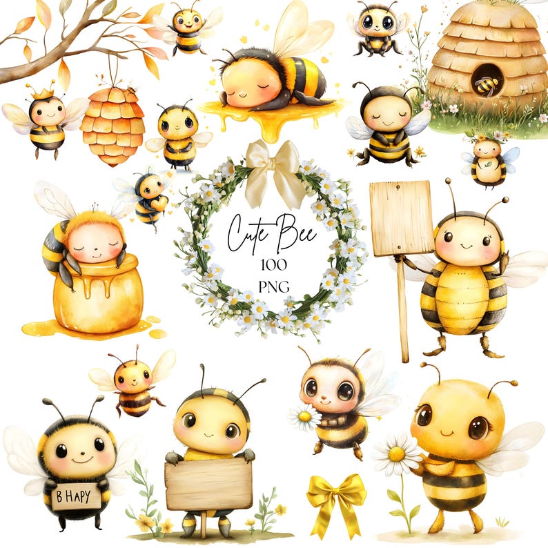 Bee Clipart Bundle Kawaii Bumblebee PNG Spring Honey Bees Floral ...