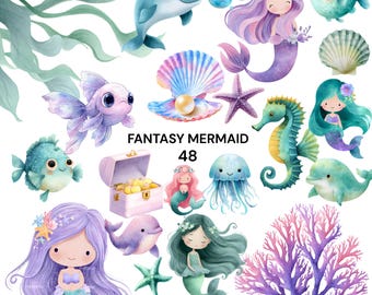 Fantasy Mermaid PNG Bundle Watercolor Ocean Animals Sea Clipart Digital Download