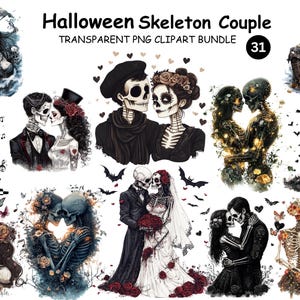 Paquete de imágenes prediseñadas de pareja de esqueletos / 31 esqueletos PNG de Halloween / Pareja de calaveras góticas / Imágenes prediseñadas digitales transparentes para manualidades