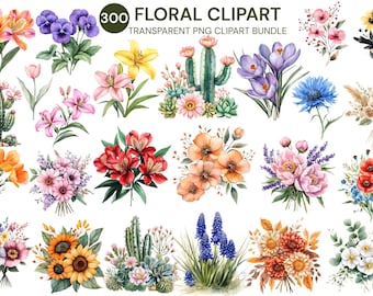 May include: A collection of watercolor floral clipart images. The image features various flowers, including lilies, sunflowers, and cacti, in vibrant colors. Text at the top reads "300 FLORAL CLIPART" and "TRANSPARENT PNG CLIPART BUNDLE".