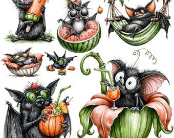 Summerween Bat Clipart Bundle Halloween Summer Bats Tropical Watermelon Popsicle Cocktail Commercial Use